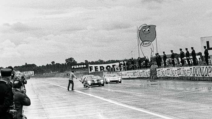 Unable to film where the actual 1966 Le Mans race (above) took place, the movie's crew was forced to get creative. (Bernard Cahier/Getty Images)
